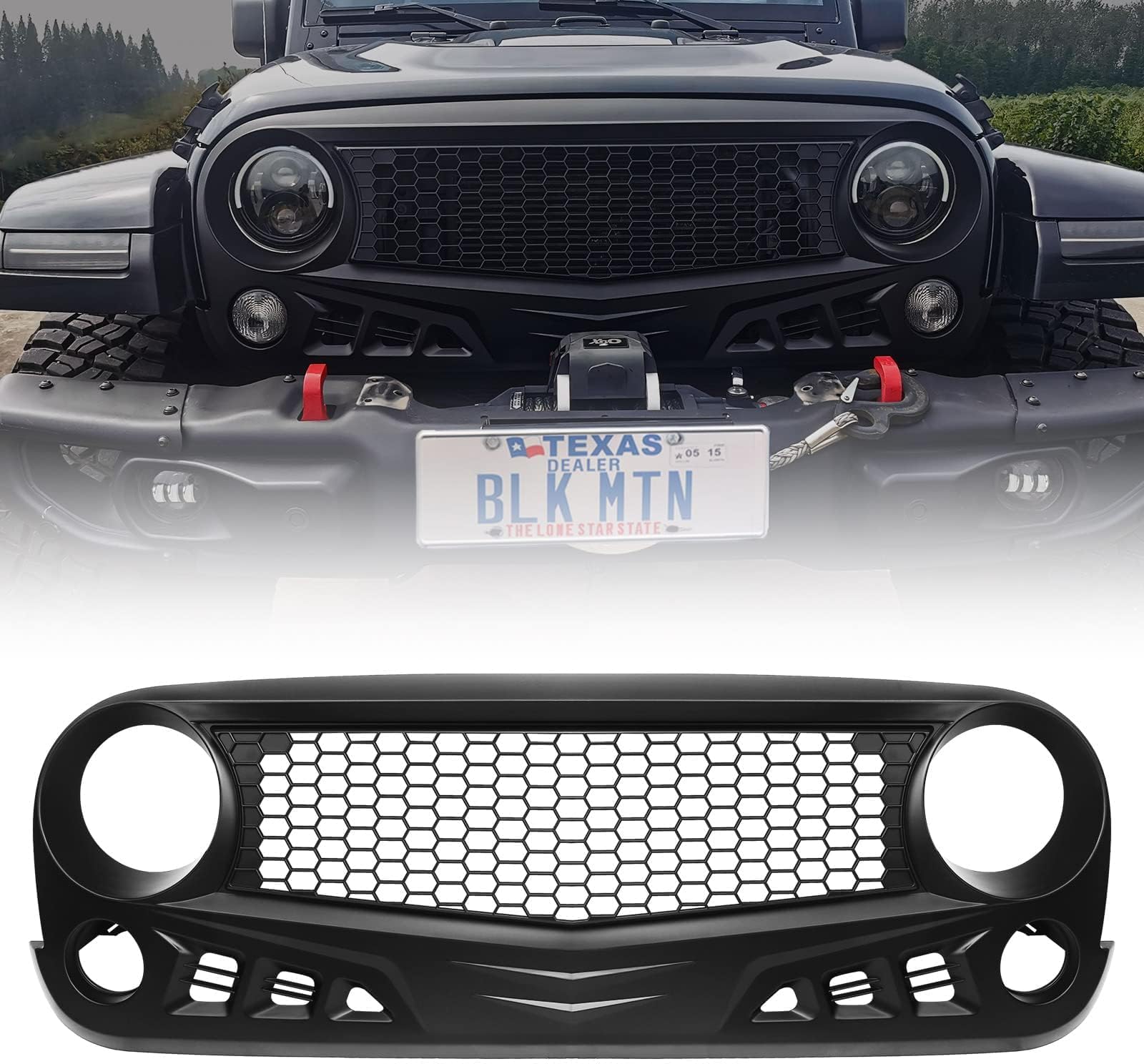 Front Grill with Mesh Matte Black Grille For Jeep Wrangler 2007-2018 Rubicon Sahara Sport JK JKU (Challenger)