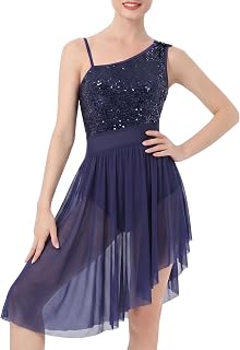 AFAVOM Women's Lyrical Dance Costume Sequin Flower Lyrical Dress Asymmetric Flowy Tulle Skirt Contemporary Dance Costumes