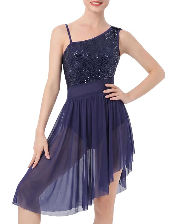 AFAVOM Women's Lyrical Dance Costume Sleeveless Straps Sequin Flower Lyrical Dress Asymmetric Flowy Mesh Tulle Skirt Contemporary Dance Costumes Ballet Leotard Dancewear Navy Blue - Straps Large by AFAVOM - Used condition - US$30.69