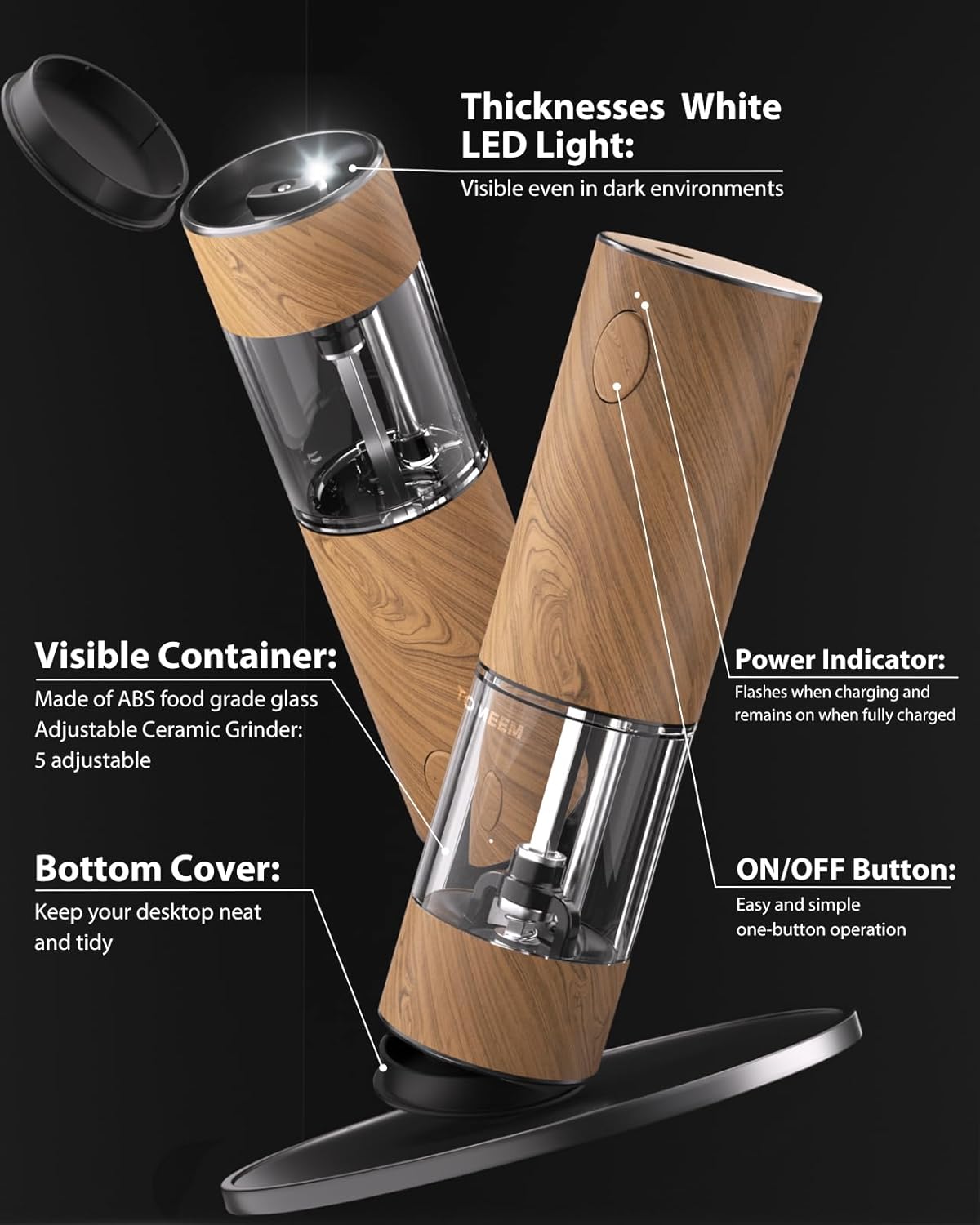 TOMEEM Upgraded Larger Capacity Electric Salt and Pepper Grinder Set Rechargeable with LED lights, Stainless Steel Automatic Pepper and Salt Grinder Refillable with 5 Adjustable Coarseness Wood Grain