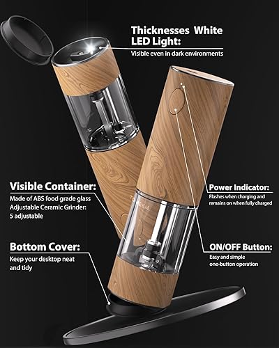 Miniatura 16 de TOMEEM Juego de molinillo eléctrico de sal y pimienta de mayor capacidad, recargable con luces LED, molinillo automático de pimienta y sal de acero