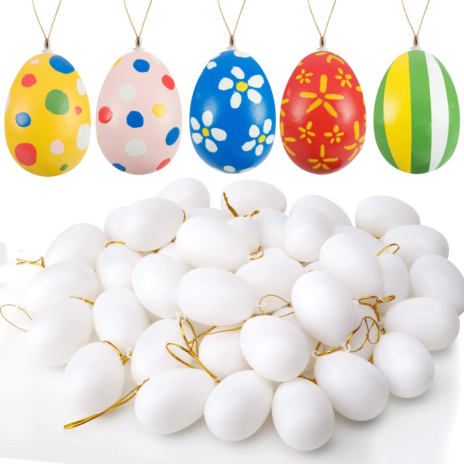 UFUNGA72 Pcs White Blank Easter Eggs with 8 Pens, Hanging Plastic Easter Eggs with Rope, Artificial DIY Creative Decoration Eggs for Party Favors