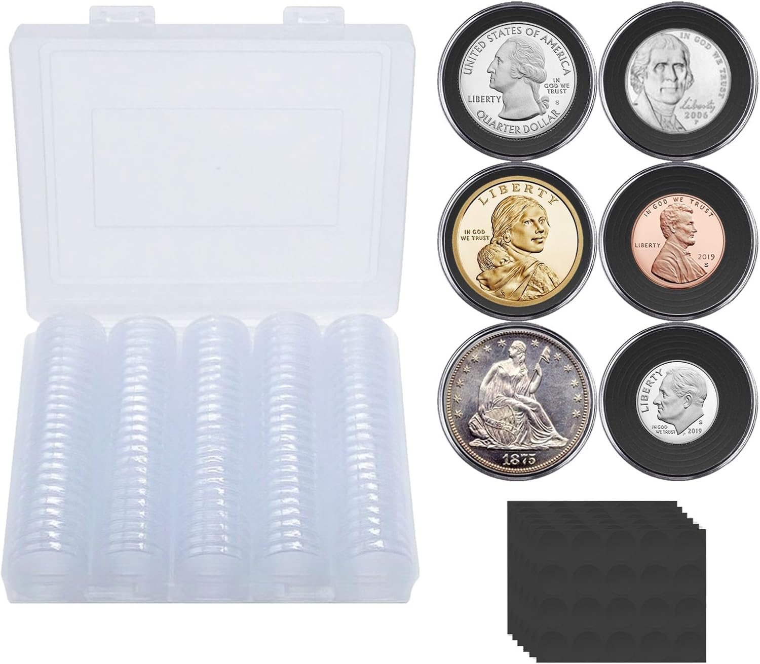 120 pcs 30mm Coin Capsules Holders for Collectors, with Foam Gasket and Plastic Storage Organizer Box, 6 Sizes (17.9/19.1/21.2/24.3/26.5/30mm) Coin Case for Coin Collection Supplies (Black)