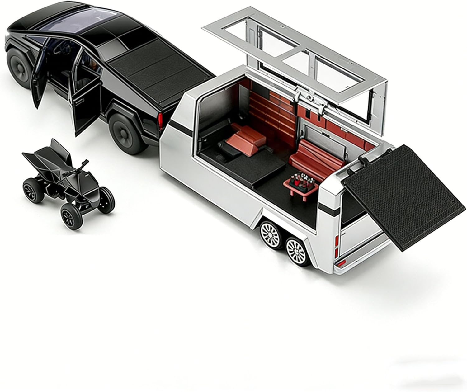 Toy Truck Set with Trailer and Motorcycle Alloy Truck RV Model with Sound and Light Effect Ideal Cyberpickup Gift Age for 3+ Pill Back Car
