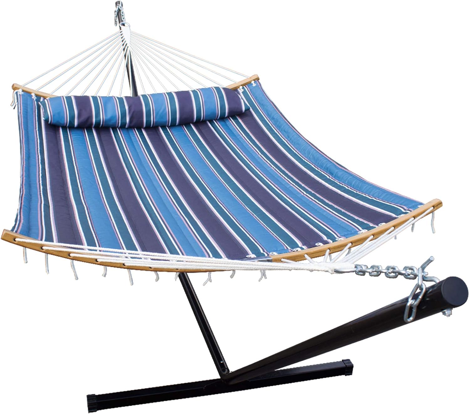 SUNLAX Double Hammock Stand with 12FT Portable Steel Stand and New Curved Spreader Bars, Detachable Pillow, Adult Quilted Fabric Swing Bed for Backyard, Patio, Front Porch（Horizon Blue）