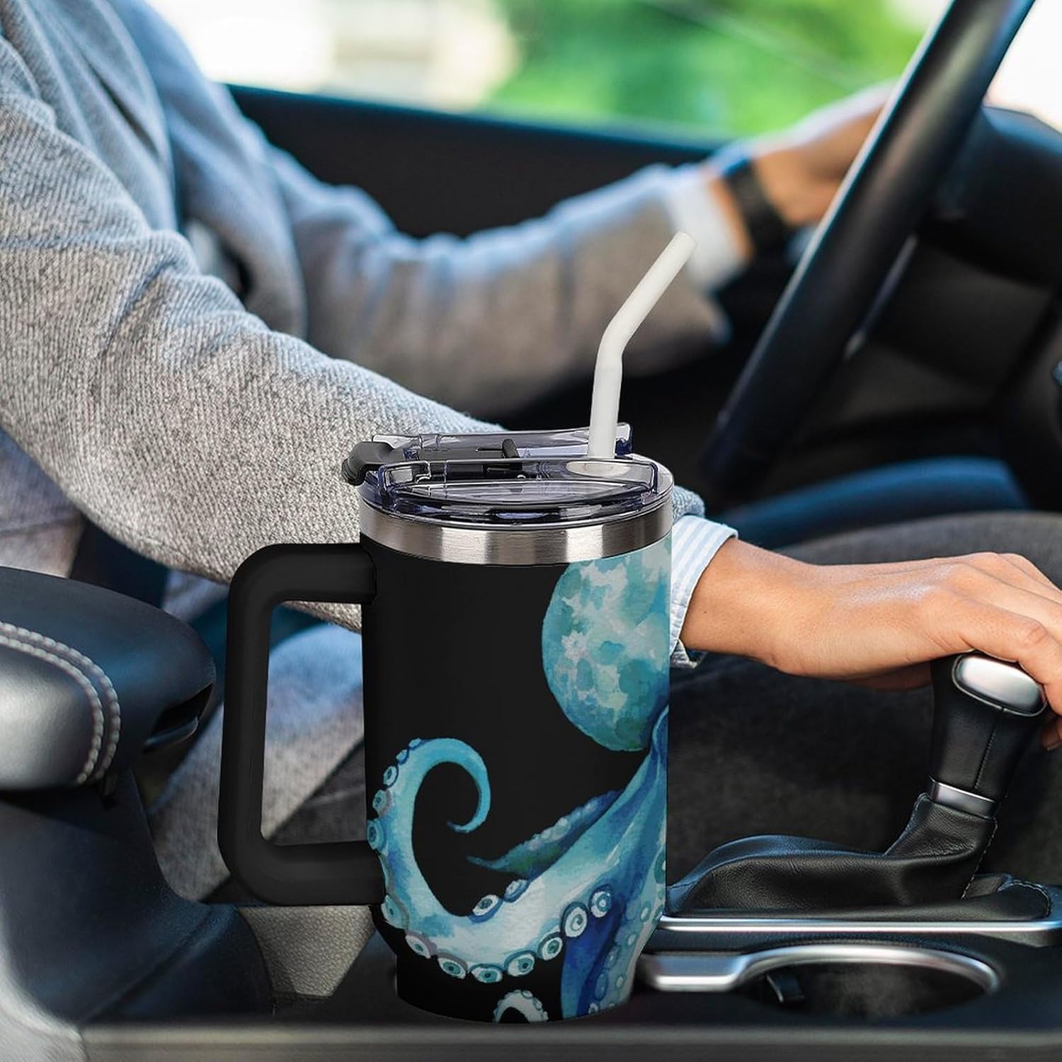 40 Oz Blue Watercolor Octopus Tumbler with Handle And Straw, Stainless Steel Vacuum Travel Coffee Mug Insulated Water Bottle Leak-proof Large Capacity Car Cup Gifts, Cupholder Friendly