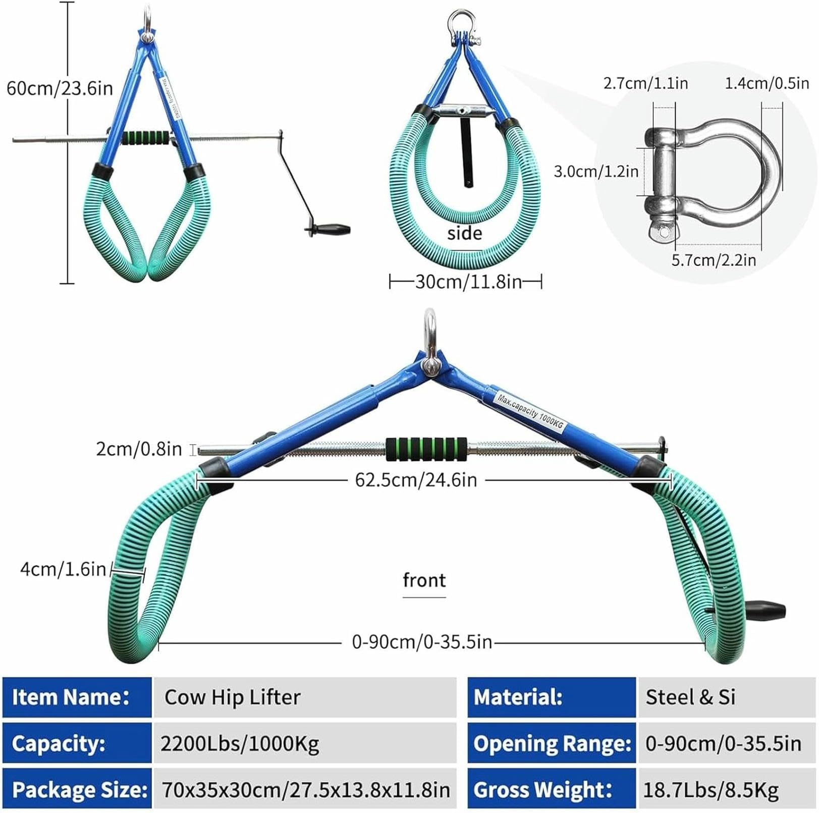 Morsetto regolabile in acciaio inox per sollevamento dell'anca della mucca, dispositivo di assistenza per distocia, supporto per prodotti lattiero-caseari, supporta fino a 999,7 kg