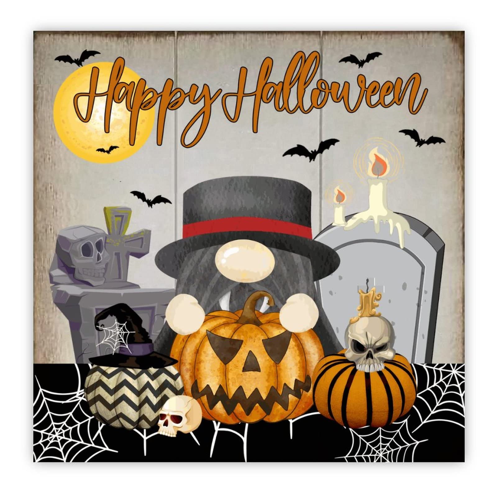 Plaque en bois Happy Halloween au style vintage avec cimetière et lune