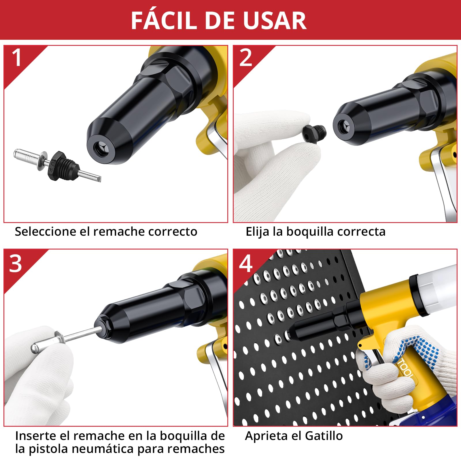 JUSTOOL Remachadora Neumática con 5 Boquillas 2.4mm,3.2mm,4.0mm,4.8mm,6.4mm,1780KGF Pistola de Remachadora Hidraulica Autocebante para la Unión de Materiales