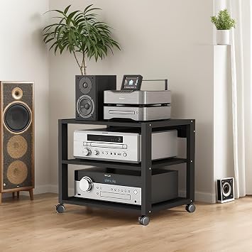 AV Media Tower Stereo Cabinet, 3/4/5 Tier Floor-Standing Audio Rack CD DVD Record Player Stand, Movable Corner Storage Shelf with Wheels for Home Theater, Black3 Tier