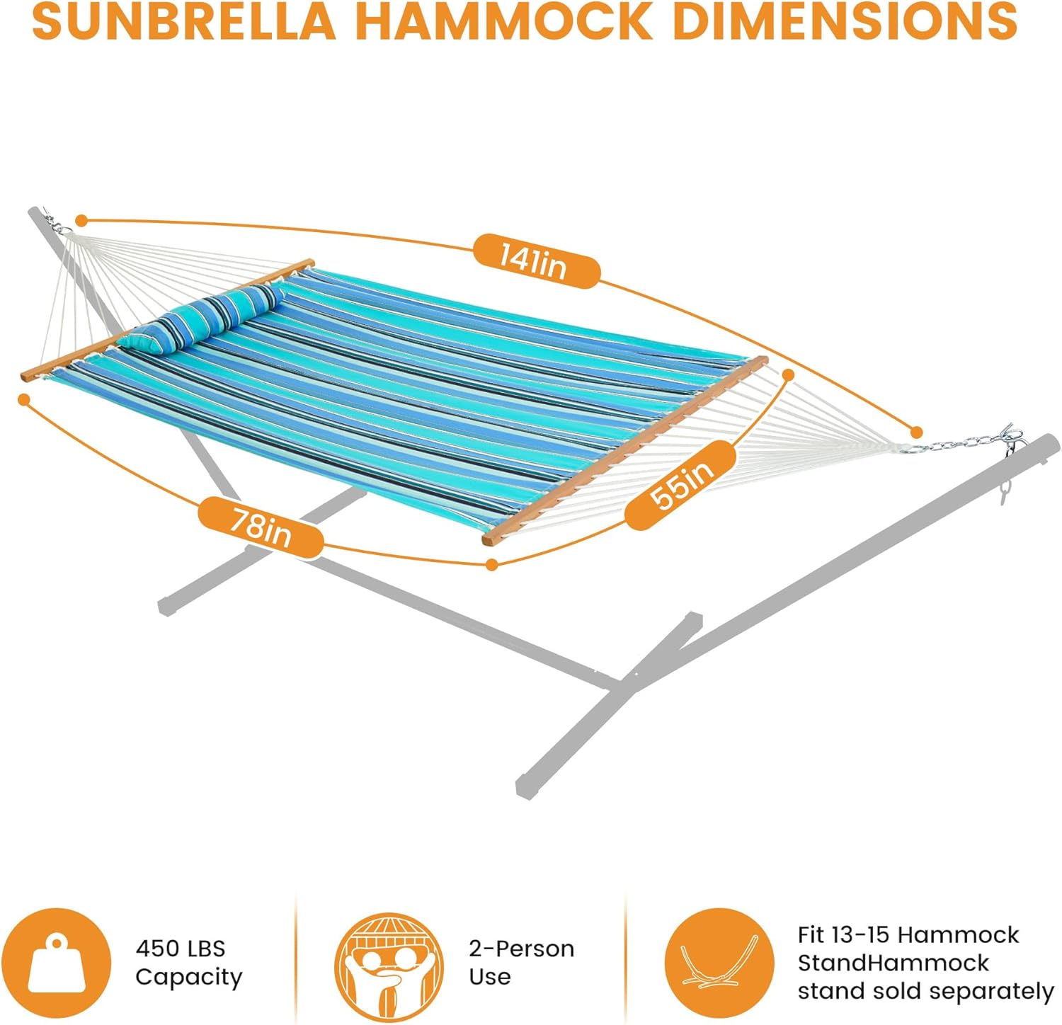 Lazy Daze Hammocks 12 FT Sunbrella Fabric Quilted Hammock Double Sunbrella Quilted Hammock with Spreader Bars & Pillow, All Weather and Fade Resistant for Outdoor, 450 lbs Capacity, Dolce Oasis