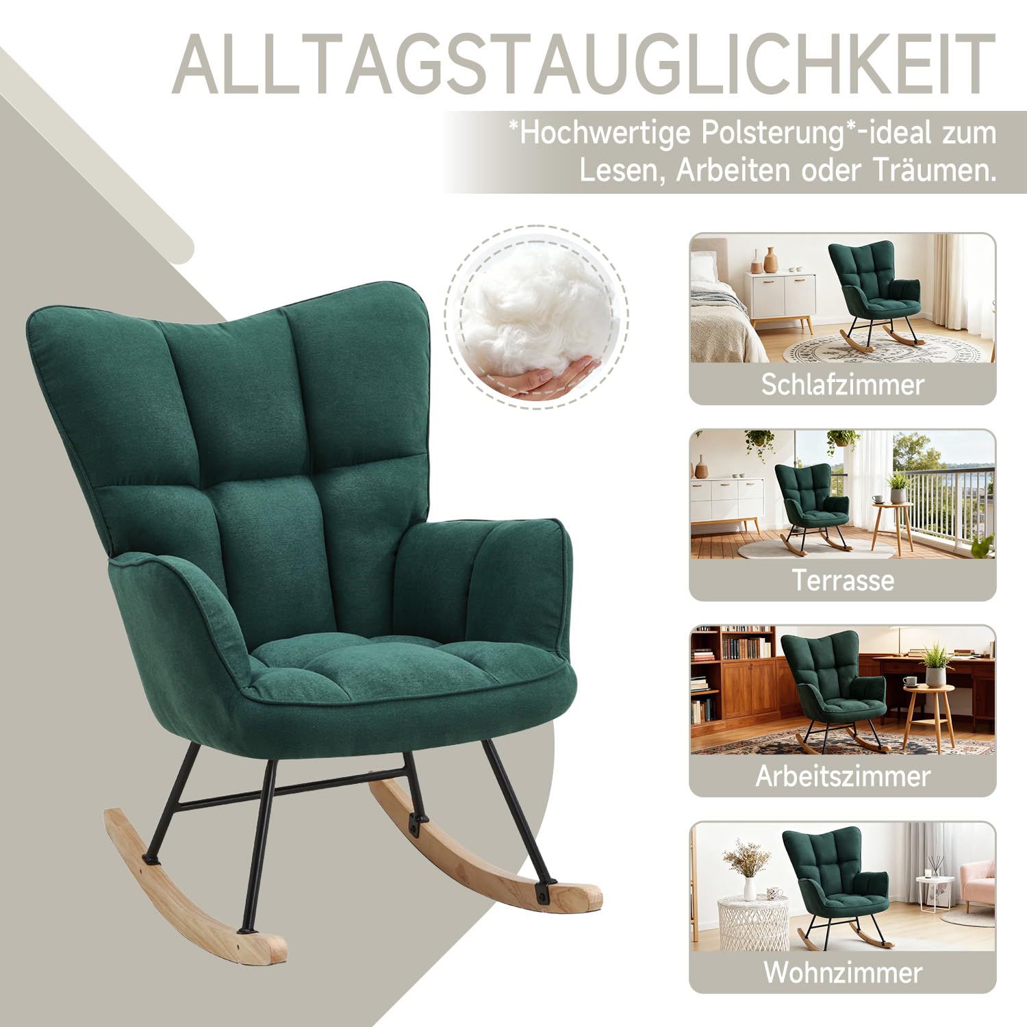 Schaukelstuhl, Bequemer Stillsessel & Lesesessel, Relaxstuhl mit hoher Rückenlehne für Wohnzimmer, Schlafzimmer, Balkon oder Kinderzimmer, Moderner Schaukelsessel (Grün)