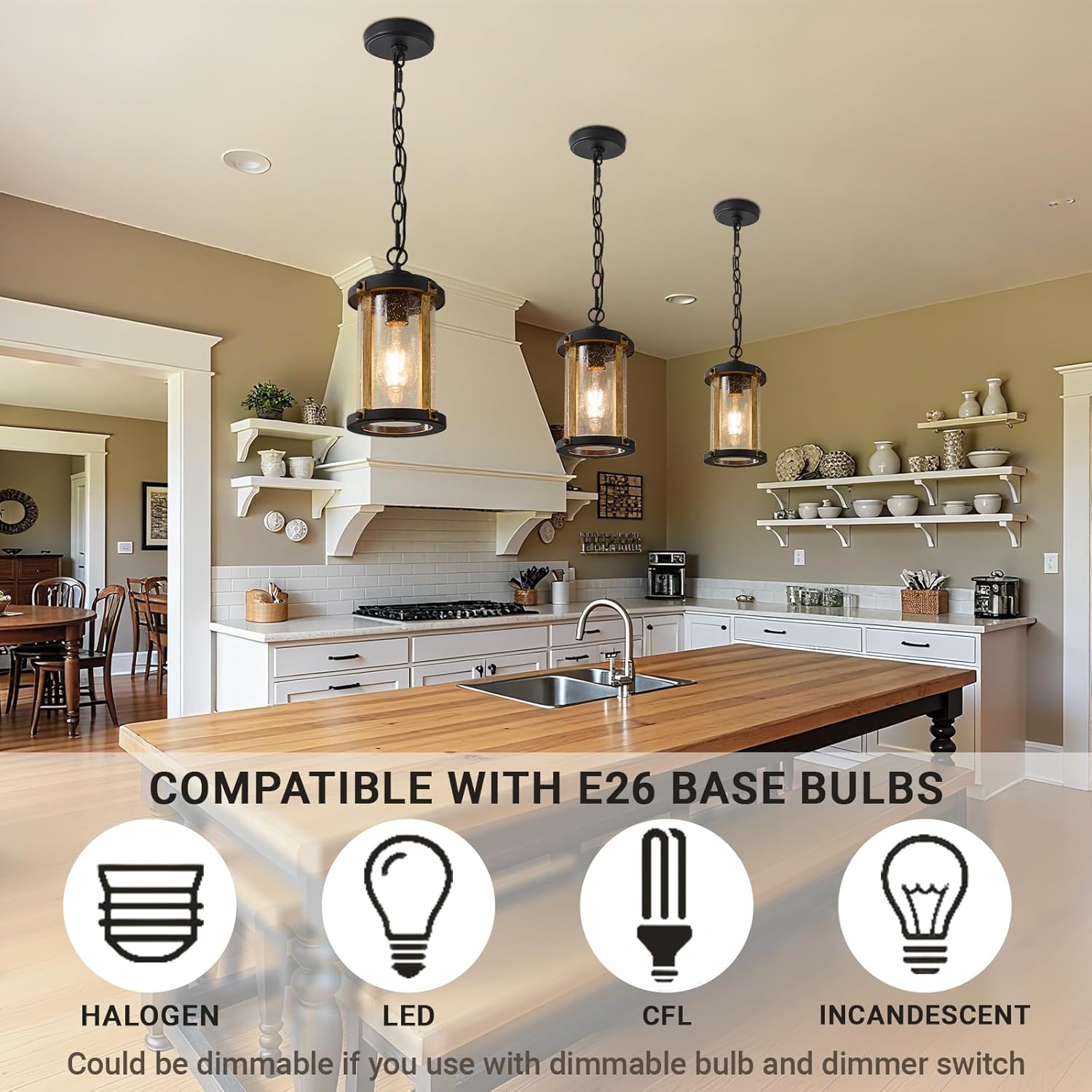 LOUSACE Farmhouse Outdoor Pendant Light for Porch, 1-Light Outdoor Chandelier Matte Black Aluminum with Clear Seeded Glass & Wood Grain, Exterior Hanging Pendant Porch Light Fixtures for Entrance, ETL