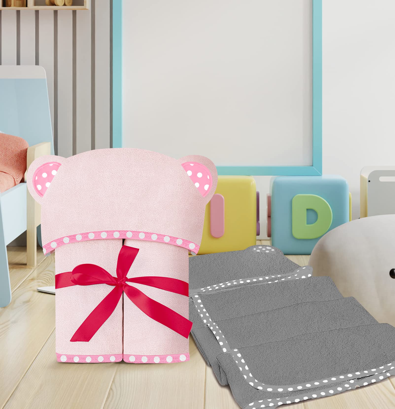 ZEYUMEE - Juego de 2 toallas de bebé con capucha de viscosa de bambú, color rosa y gris, lujosas, grandes y superabsorbentes, 76 x 76 cm, suaves y adecuadas para bebés, niños pequeños y niños, 400 g