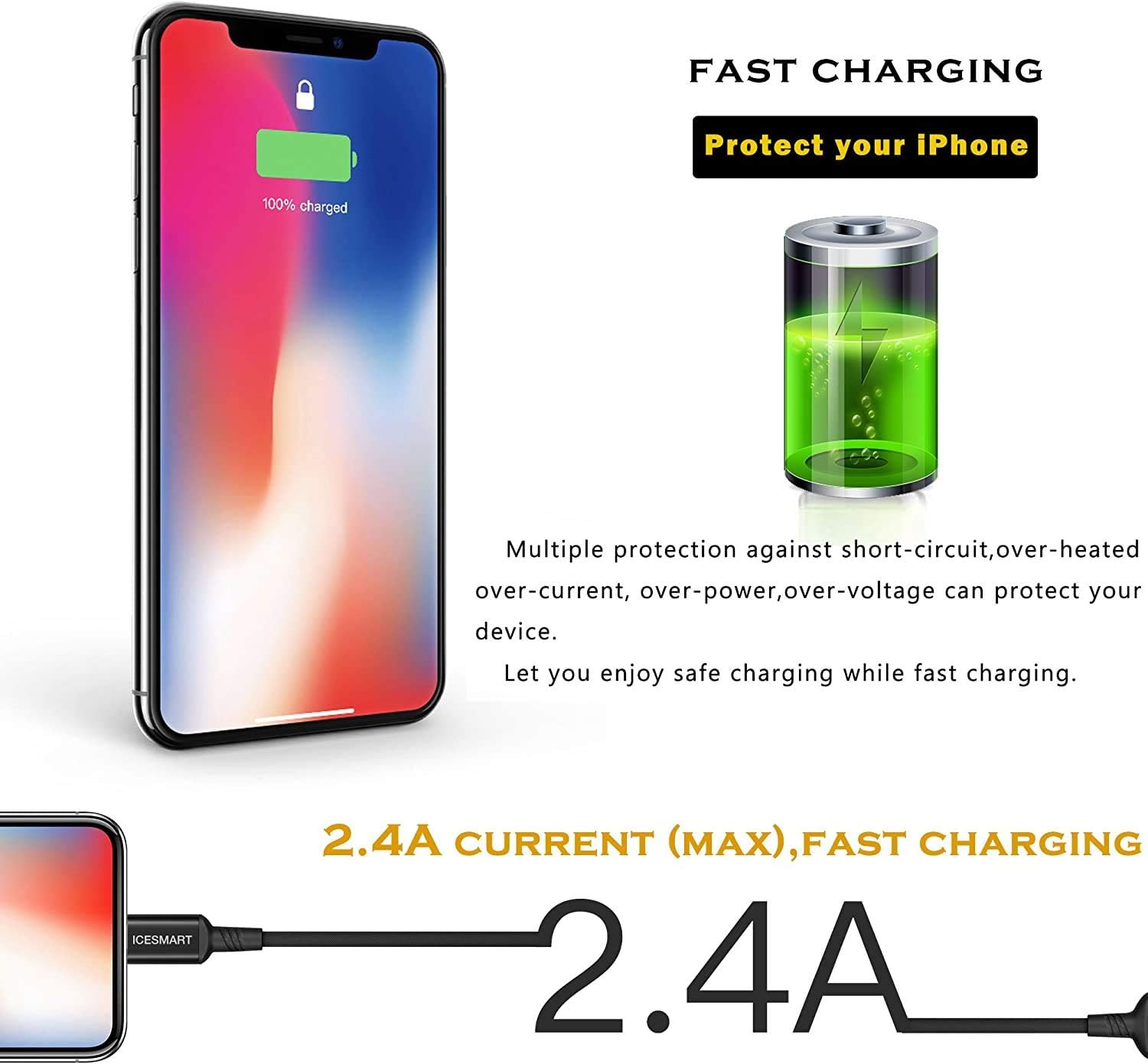Icseio iPhone Charger Cable 6ft,Long Lightning Cable 3Pack 6Feet Nylon Braided iPhone Cord for iPhone 11 Pro Max X XS XR / 8/8 Plus / 7/7 Plus / 6/6 Plus / 5S / iPad iPod