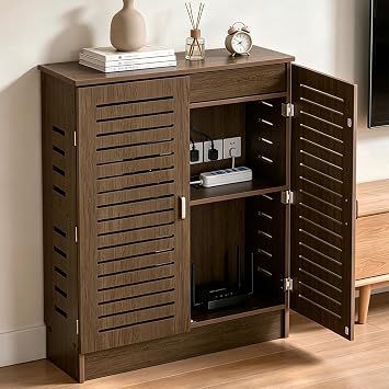 WiFi Router Storage Cabinet, PVC Floor Standing Router Storage Box Walnut