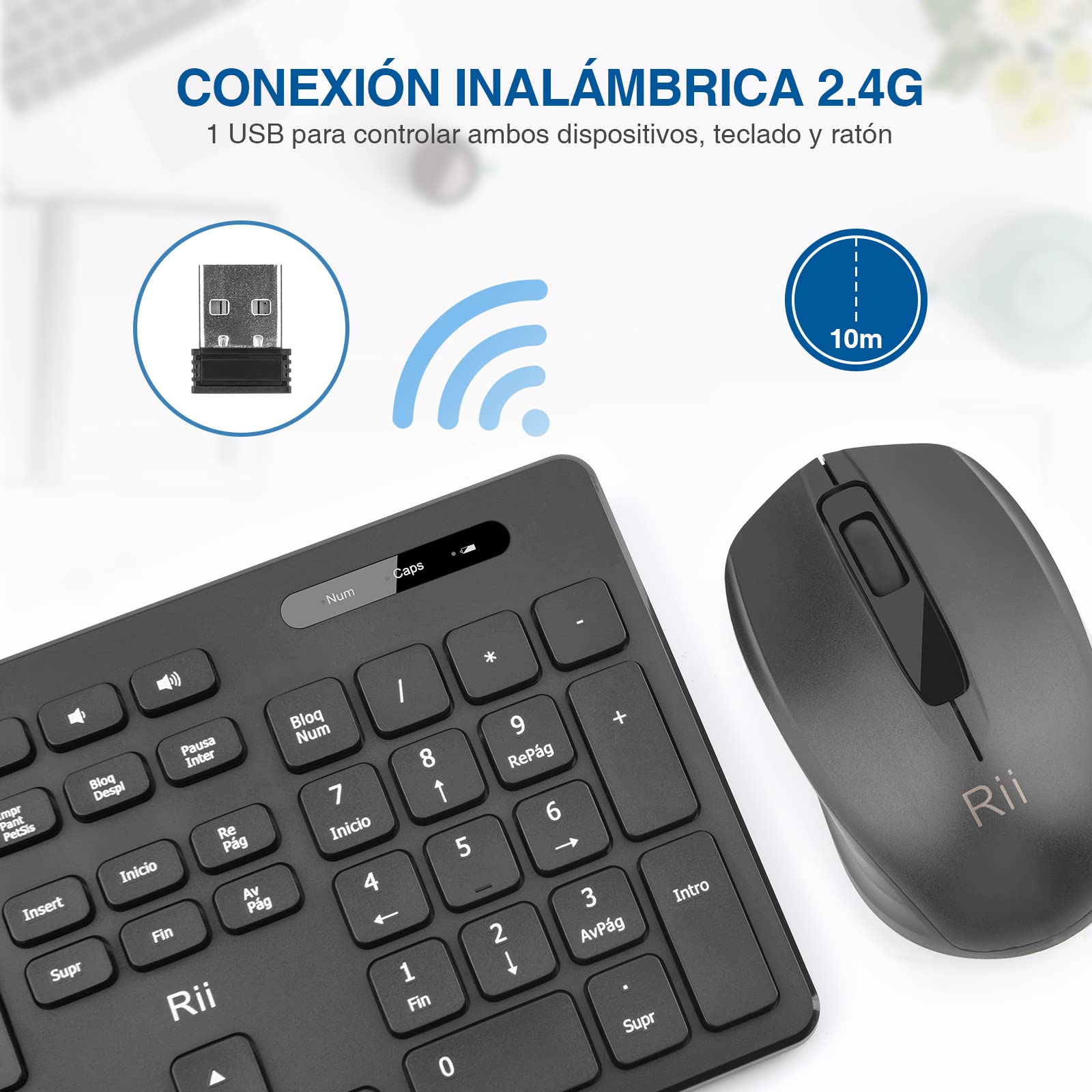 Rii RK200 2.4Ghz Combo Ratón y Teclado Inalámbrico para Android/Windows/Mac/Linux y Otros Dispositivos con USB-QWERTY Español,Color Negro