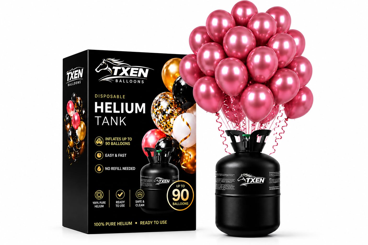 TXEN 22L Disposable Helium Balloon Canister – Inflates Up to 90 Balloons | 100% Pure Helium Tank for Balloons | Includes 50 Rose Gold Chrome Balloons | Ready-to-Use for Parties & Events (22 L)