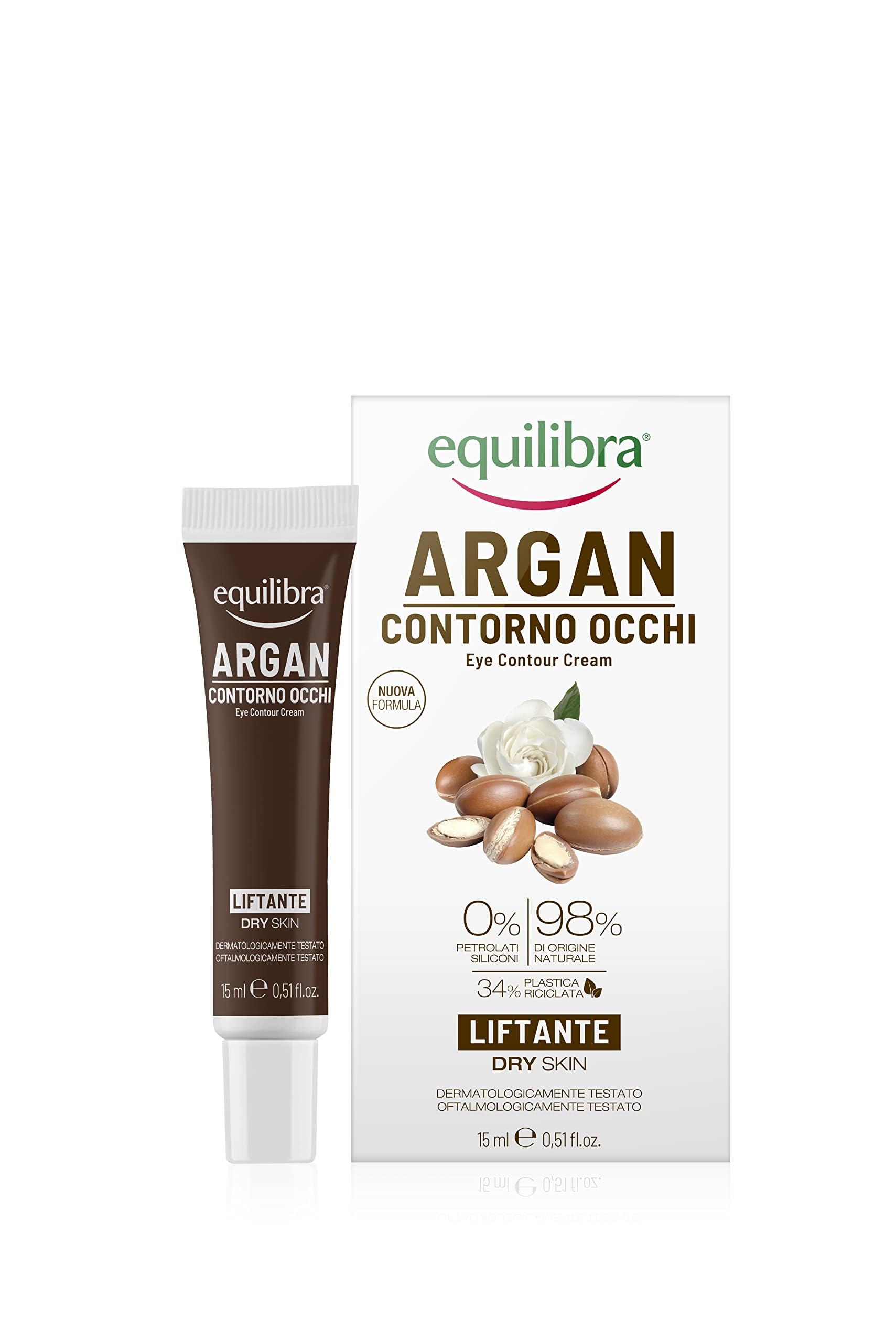 Equilibra Viso, Contorno Occhi a Base di Olio di Argan, di Mandorle Dolci e di Vinaccioli, Estratto di Gardenia, Acido Ialuronico, Vitamina E, Olio di Karité e di Ribes Nero,15 ml