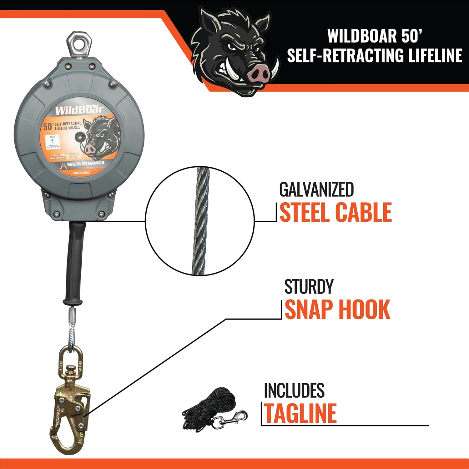 Malta Dynamics Wild Boar 50’ Self Retracting Lifeline – SRL Fall Protection Lanyard with Steel Snap Hook for Construction Site Safety, OSHA and ANSI Compliant