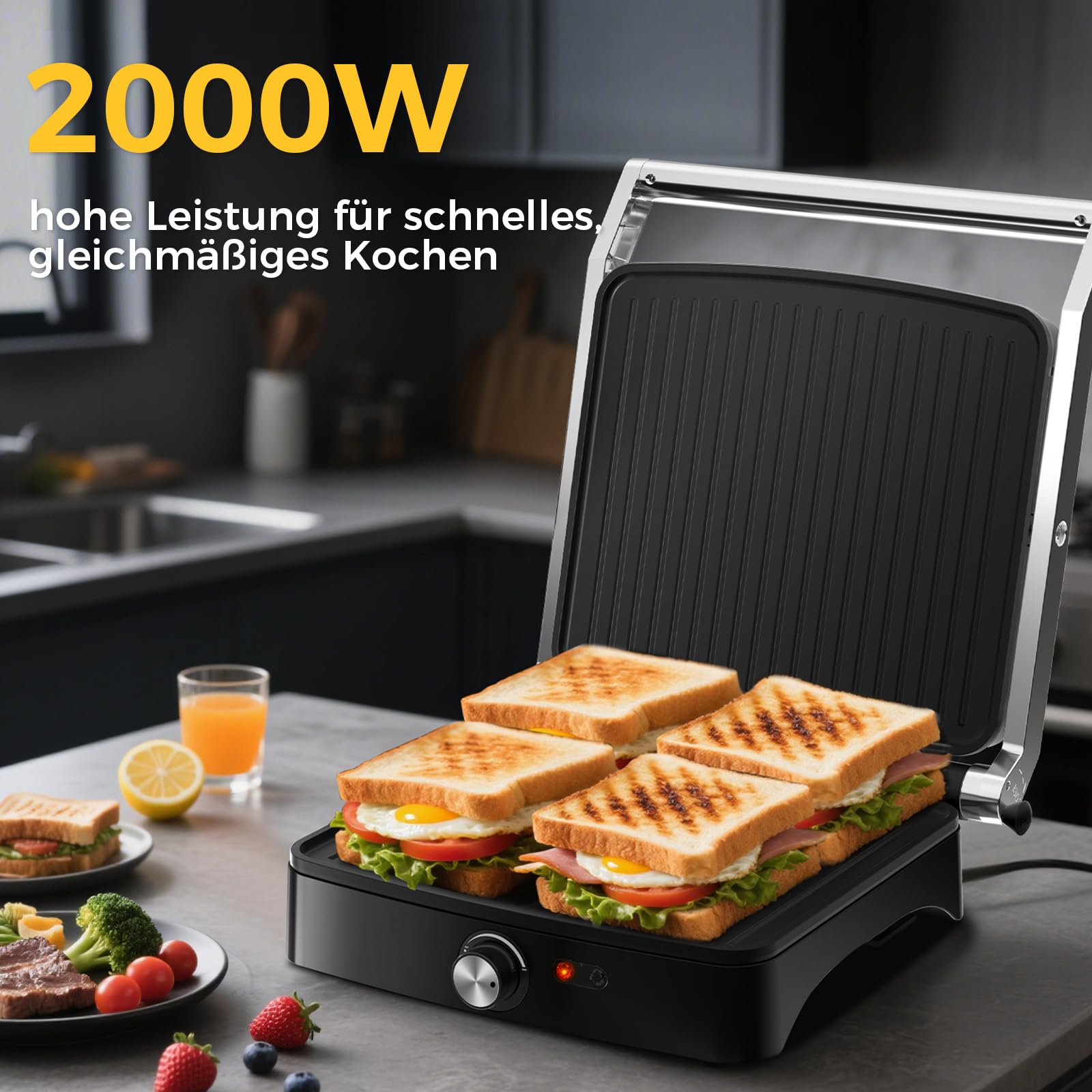 YASHE Kontaktgrill 2000W Panini Grill Sandwichmaker 4 Scheiben Elektrogrill 180° Öffnung Antihaftplatten Edelstahl Silber