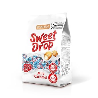 Roshen Sweet Drop Milk Filled Caramel Candy 12.38 Ounce Smooth Caramel Candy with Creamy Milk Center, No Preservatives or Artificial Colors, Individually Wrapped Gourmet Candy