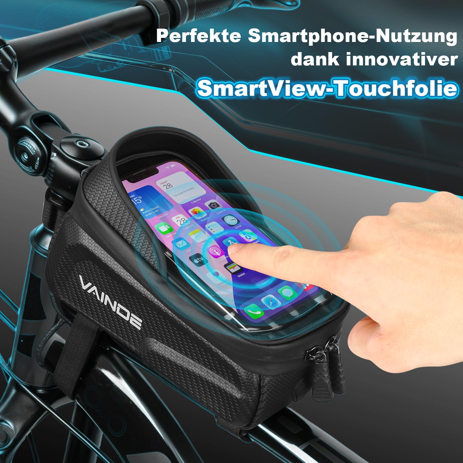 2er Set Fahrradtasche Rahmen, Rahmentasche Fahrrad, Lenkertasche Wasserabweisend Handytasche für Smartphone bis zu 6.8 Zoll mit TPU Sensitivem Touchscreen für Montainbikes, Rennrad, Ebikes.
