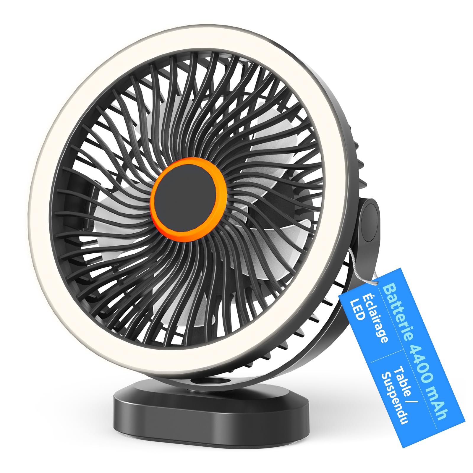 Lepwings Ventilateur de Bureau Silencieux, Ventilateur USB Portable avec Batterie 4000mAh, 4–12H d’Autonomie, 3 Vitesses avec Veilleuse, sur Table ou Suspendu pour Chambre, Bureau ou Camping