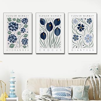 Xiyocadt Set of 3 Poster Wall Pictures Vintage Blue Floral Canvas Prints Poster Set Blue Flowers Plants Wall Painting Posters Art Prints for Living Room and Bedroom Without Frame 40 x 50 cm