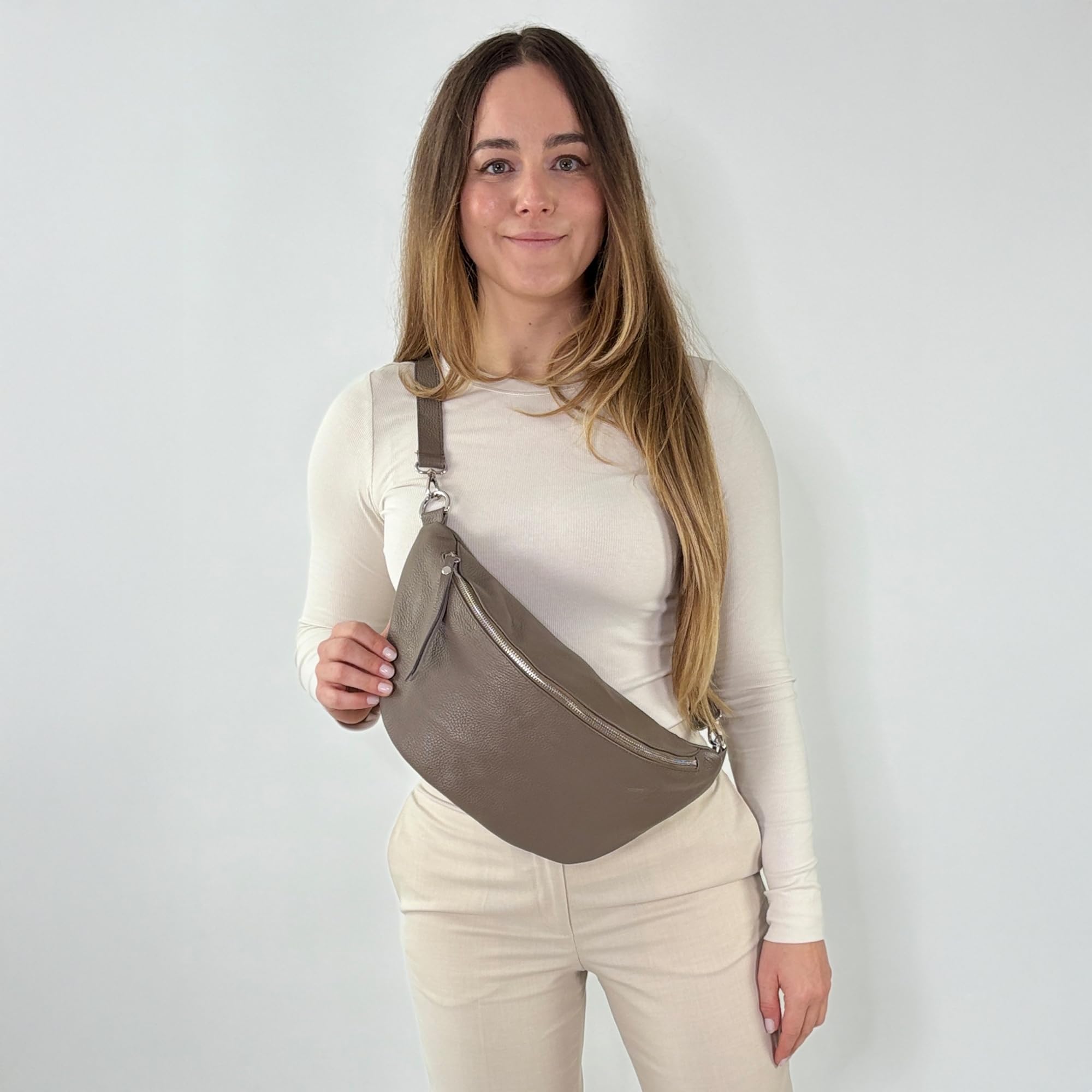 große Leder Bauchtasche für Damen mit Wechselgurt, Festival Tasche, Frauen Bauchtasche mit breitem Schultergurt, Kleine Umhängetasche, XL Crossbody Tasche, Geschenk für Damen (Taupe)