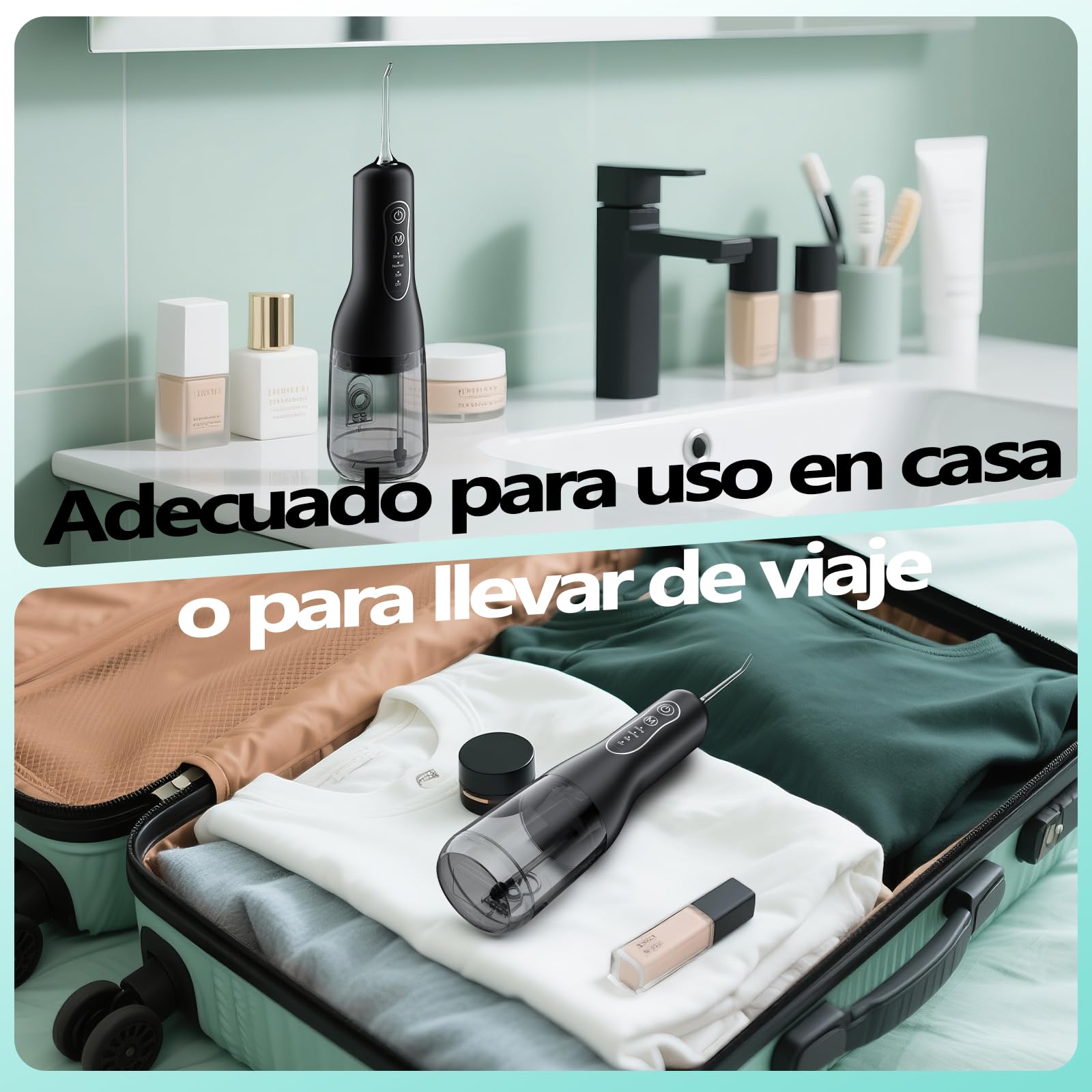 Irrigador Bucal Portátil Inalámbrico 300ml, OasiSmile Irrigador Dental Eléctrico con 5 Boquillas, 4 Modos + Modo DIY Ajustable, Memoria Inteligente, IPX7 Impermeable, USB-C Recargable, Casa y Viaje