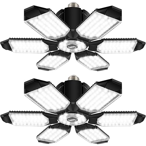 onffo 2 Pack LED Garage Lights, 150W Deformable LED Garage Ceiling Lights with 6 Adjustable Panels, 20000LM 6500K E26/E27 LED Shop Lights for Garage, Basement, Barn, Warehouse