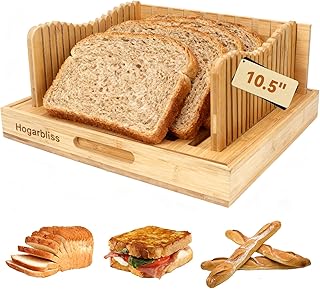 Bamboo Bread Slicer with Crumb Tray, 10.5″ Adjustable Bread Cutter & Bre...