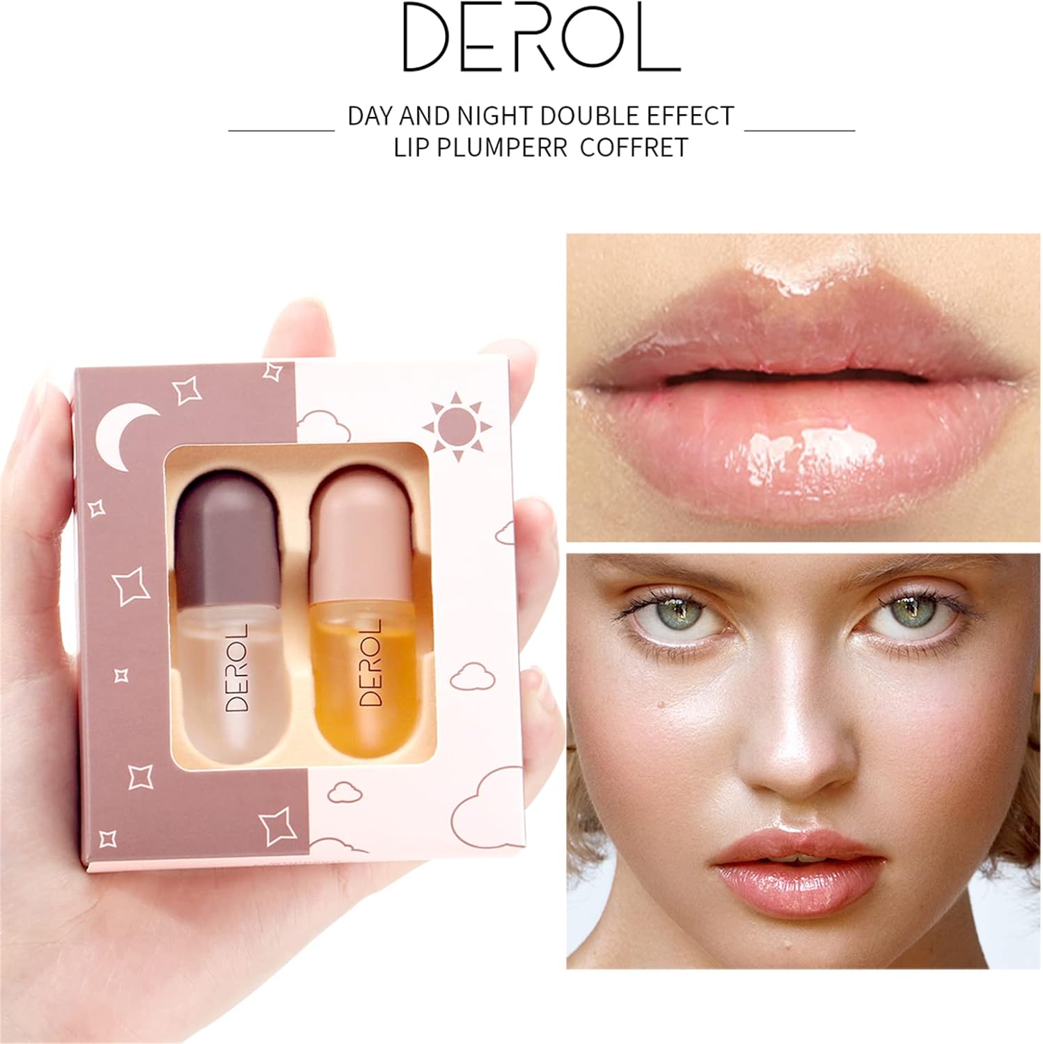 リッププランパー ＆ リップケアグロス セット DEROL Lip Plumper リップグロス 正規品 TikTok やInsで話題 唇の細い線を減らし 昼夜 リップバーム 【昼と夜のケア】ペパーミント ジンジャー 各5.5ml