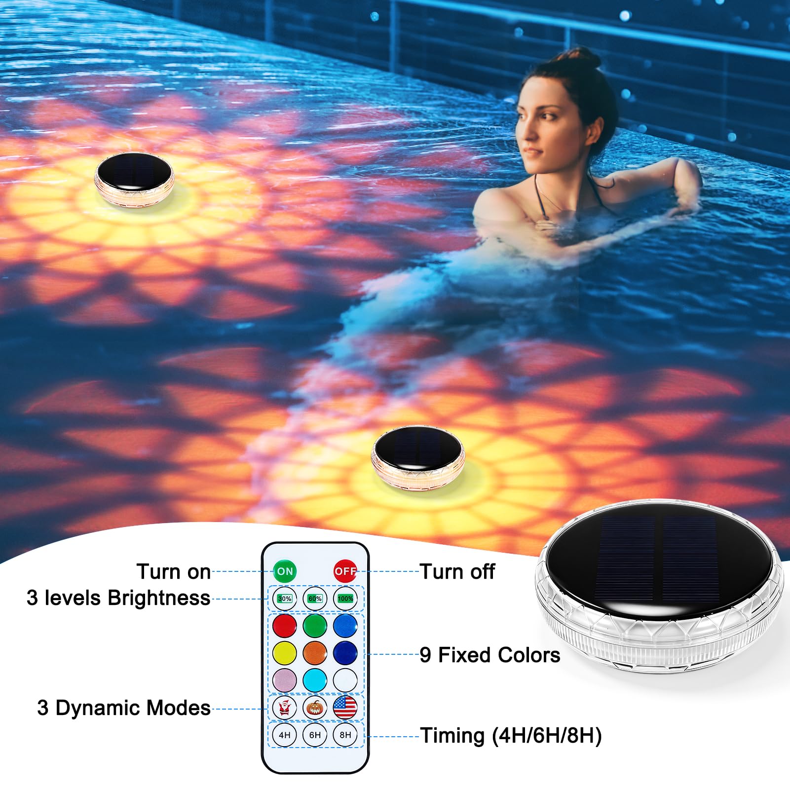 Solar Poolbeleuchtung Unterwasser, 2 Stück Schwimmende Poolbeleuchtung mit Fernbedienung, RGB 9 Farben & 3 Modi, Wasserdichte Teichbeleuchtung Solar Pool Licht für Pool, Teich, Whirlpool, Badewanne