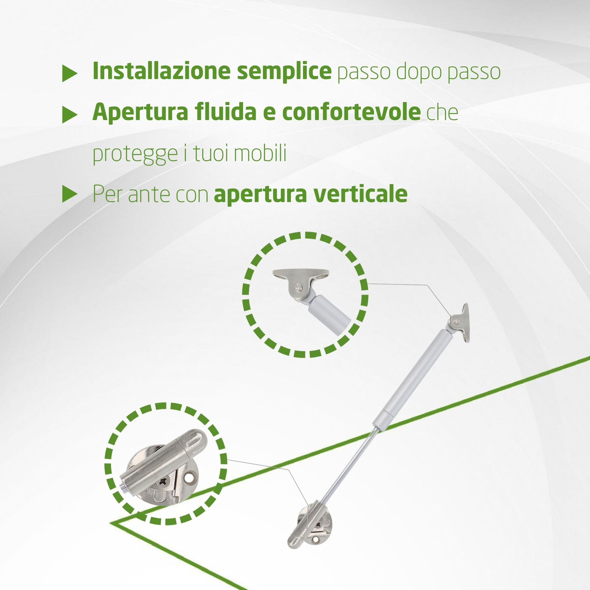 Amig - Bussola a gas per sollevare porte apribili - Mod.98 - Resistenza di carico: 12 kg - Ammortizzatore regolabile per apertura verso l'alto senza impatto - Argento