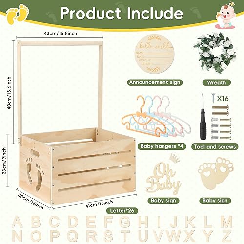Miniatura 2 de Armario grande de madera para baby shower, cesta personalizable para baby shower con asa y guirnalda, caja de caja para bebé recién nacida para baby