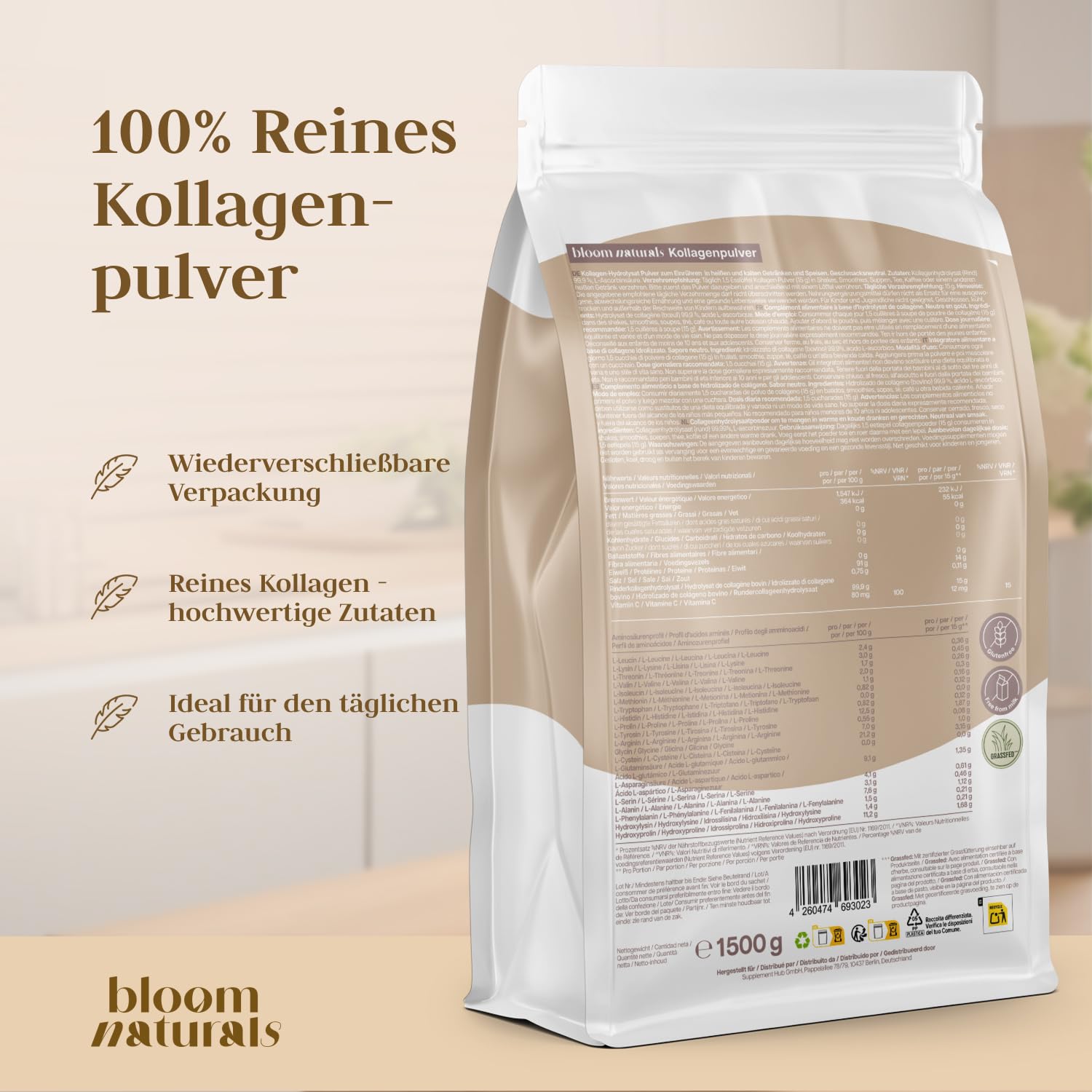 Grassgefüttertes Collagen Pulver 1500g (1,5 KG) - Hochdosiert & Geschmacksneutral Kollagen Hydrolysat Pulver, Peptid Typ 1 & 3 - Kollagen Peptide - Abgefüllt und getestet in Deutschland