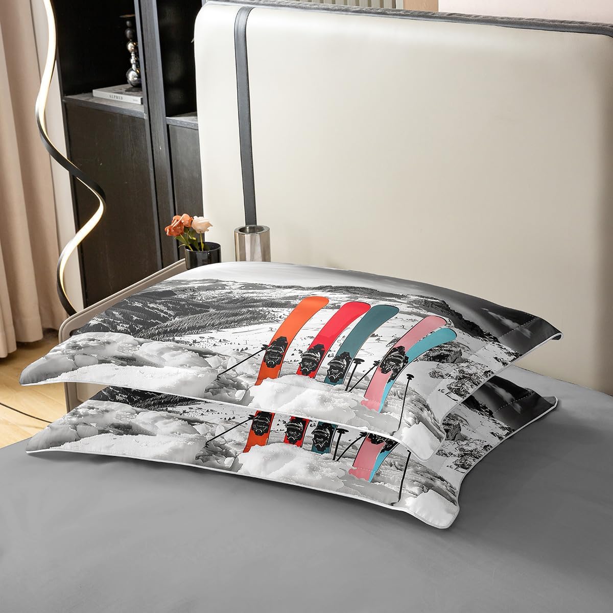Ski Sledge Kids Duvet Cover 100% Cotton Queen Size,Winter Extreme Sport Games Skiing Bedding Set,Mountain Snow Nature Girls Boys Room Decor,Grey Quilt Cover,2 Pillowcases(No Comforter)