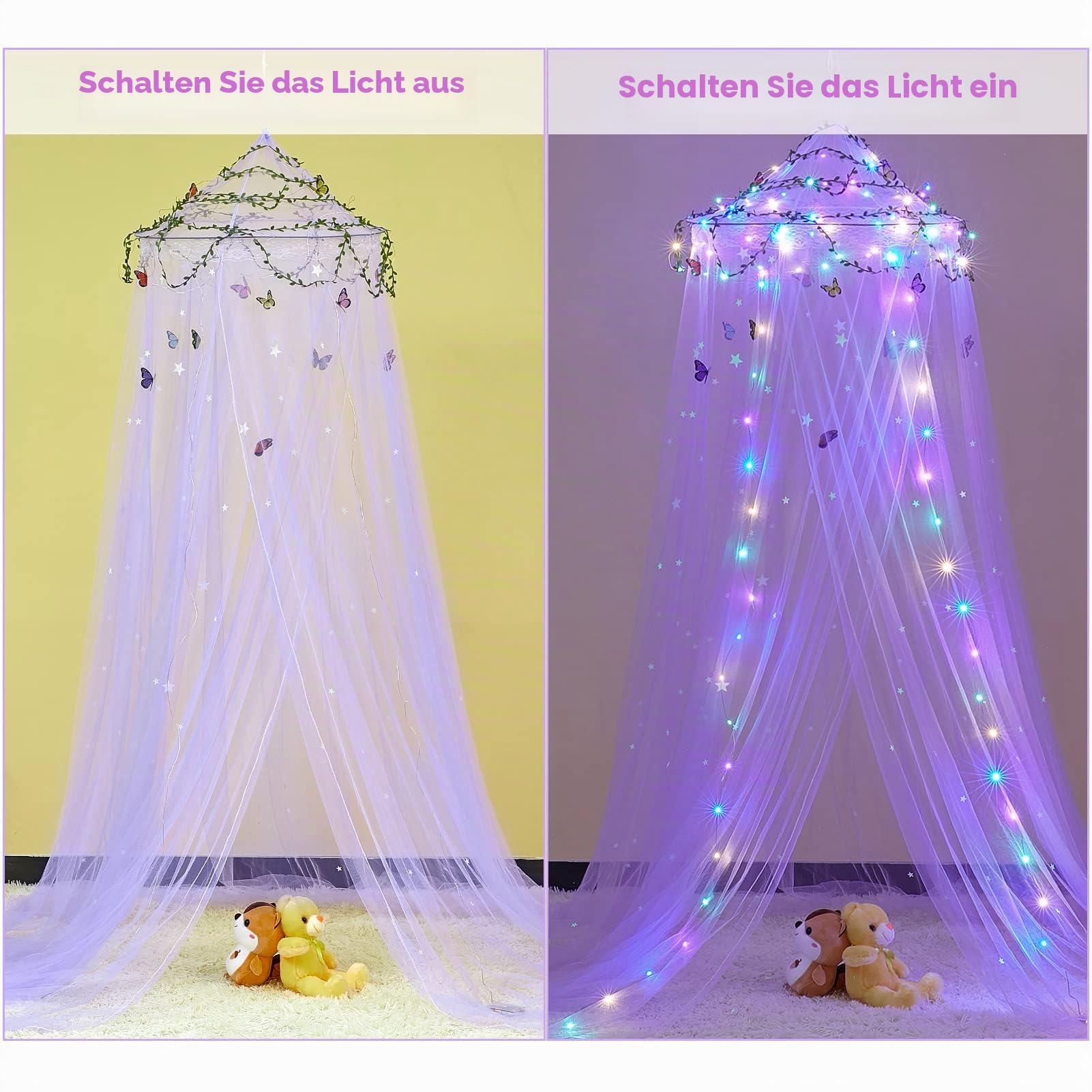 MHJY Prinzessinnenbett Schlafzimmer mit LED Vorhängen, Moskitonetz, Sternen und Schmetterlingen