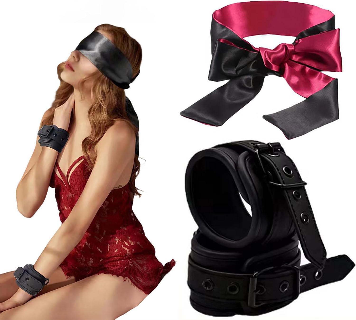 Sexy Plush Toy Handcuffs with Keys and Satin Bandage Blindfold Eye Mask Party Supplies for Lover Couple (Red)