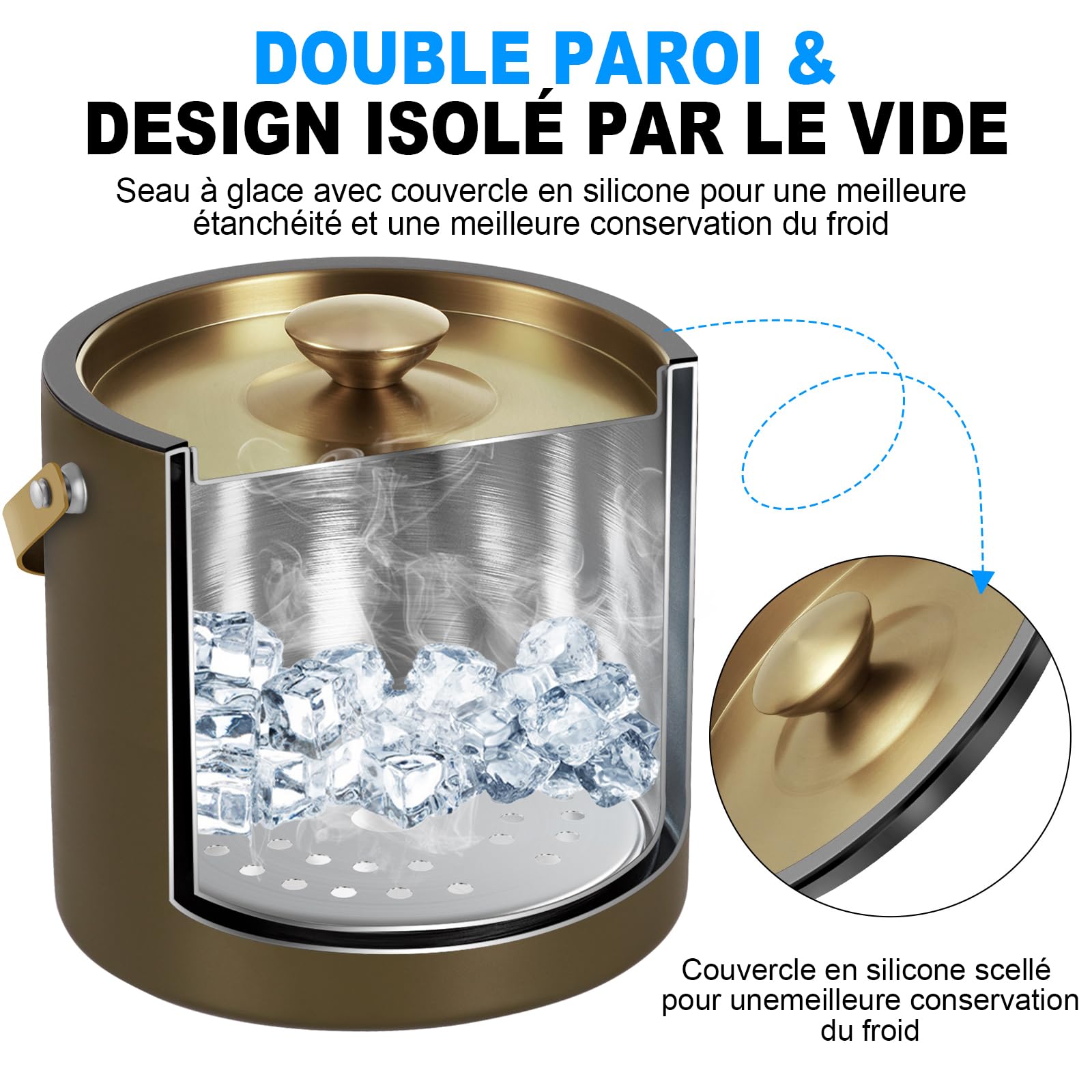 Seau à glace isotherme moderne de 3,2 l avec couvercle en silicone, cuillère, passoire, seau à glace à double paroi en acier inoxydable pour fêtes et bar à cocktails, idéal pour cadeau