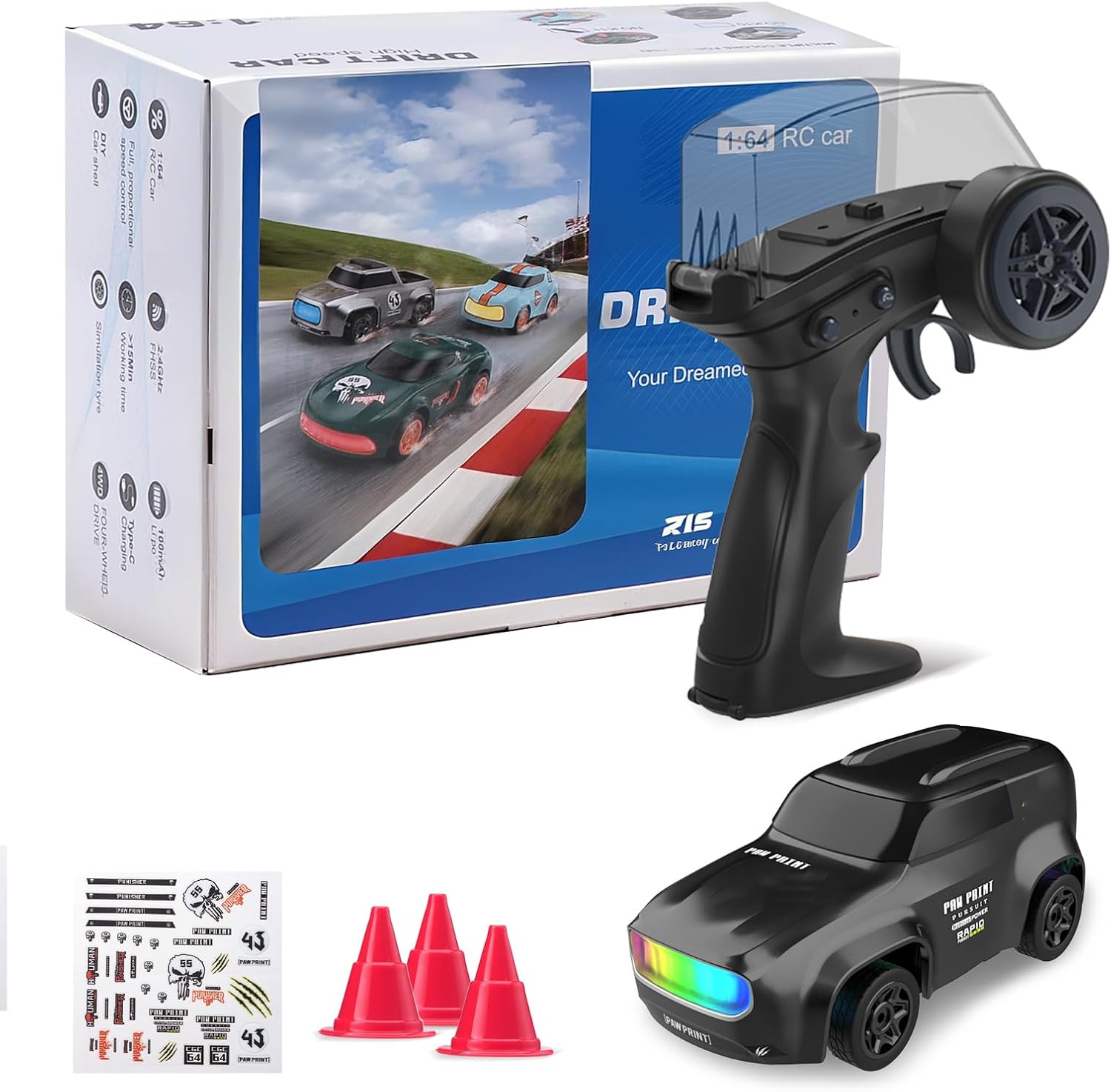 ANTSIR 1/64 Mini RC Drift Car for Adults & Teens, Micro Remote Control Car with Colorful LED Lights, Proportional Speed Control, 2.4GHz Desk Racing Car, USB-C Rechargeable Hobby Gift, Black