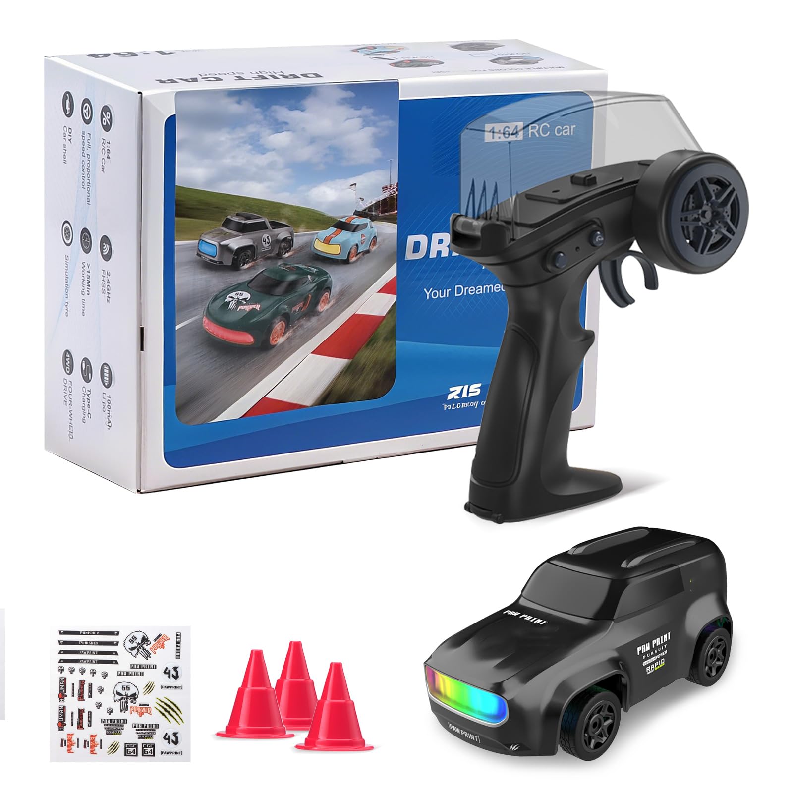 ANTSIR Mini RC Drift Car for Adults, 1/64 Desktop Drift Car with Colorful Lights, Desk Remote Control Cars for Race, Hobby Gifts and Toys (Black