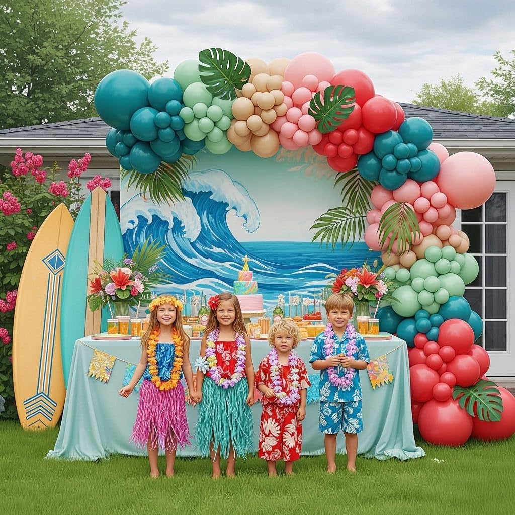 Hawaiian Balloon garland Arch Kit Coral Blush Pink tropical eal Mint Peach Double stuffed balloons with Palm Leaves For Aloha baby shower Luau Beach by Pool party ana Birthday Party Decorations image 2