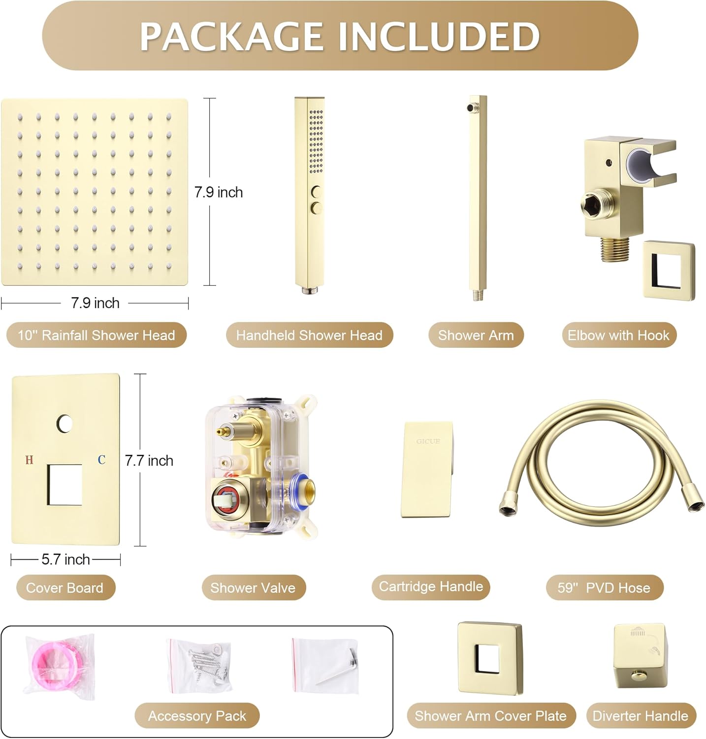 Rainfall Shower System Set, 8'' Brushed Gold Wall Mounted Square Shower Head with 2-Spray Handheld Sprayer, Anti-Chip Brass & 304 Stainless Steel Faucet Trim Kit (With Integrated Mixer Valve)