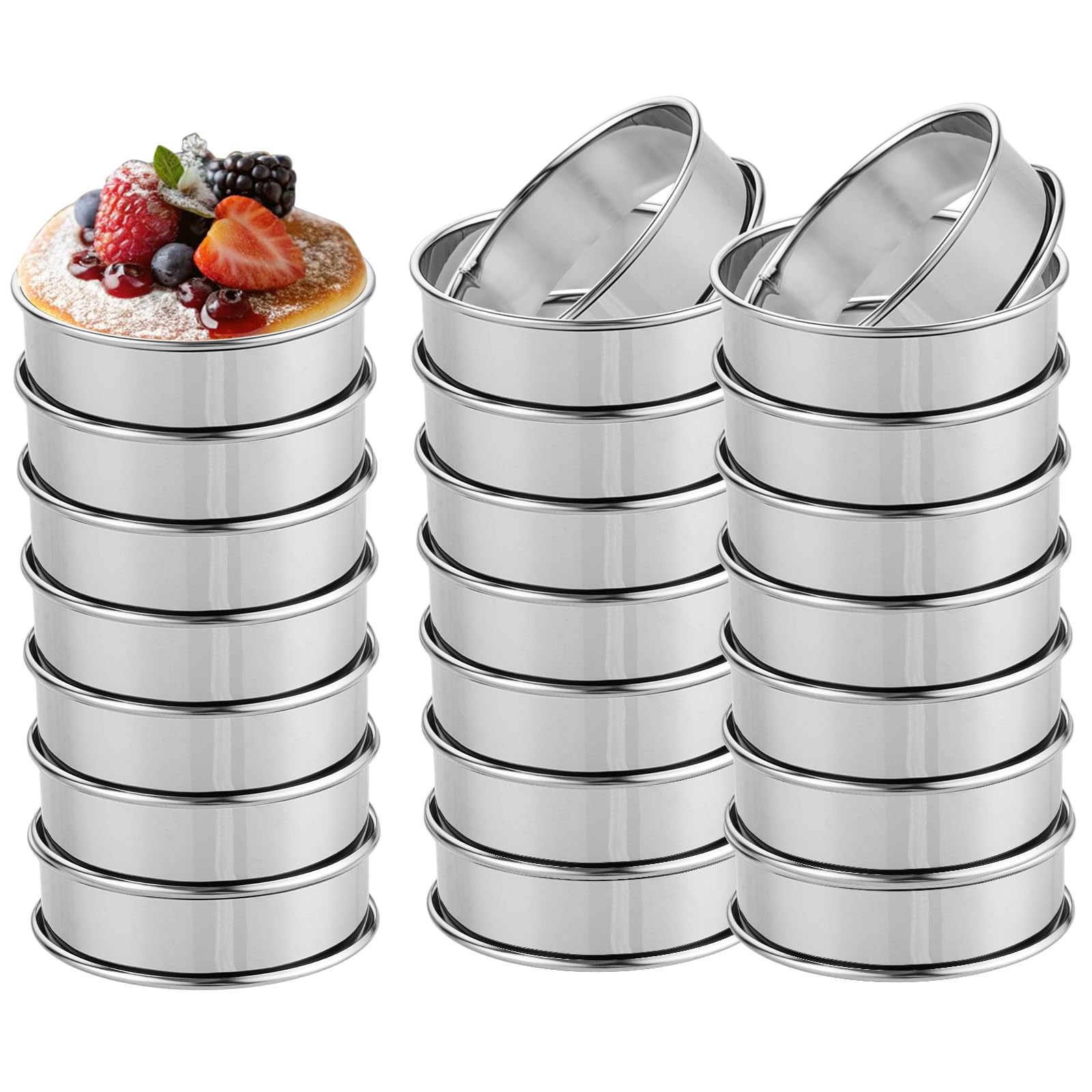AZKEEGREY 20 Pcs Round Crumpet Rings 8.6 cm Non Stick Stainless Steel Cookie Ring Cooking Eggs Rings Mould Set for Baking Muffins Pancakes, Dessert Making(Silver)