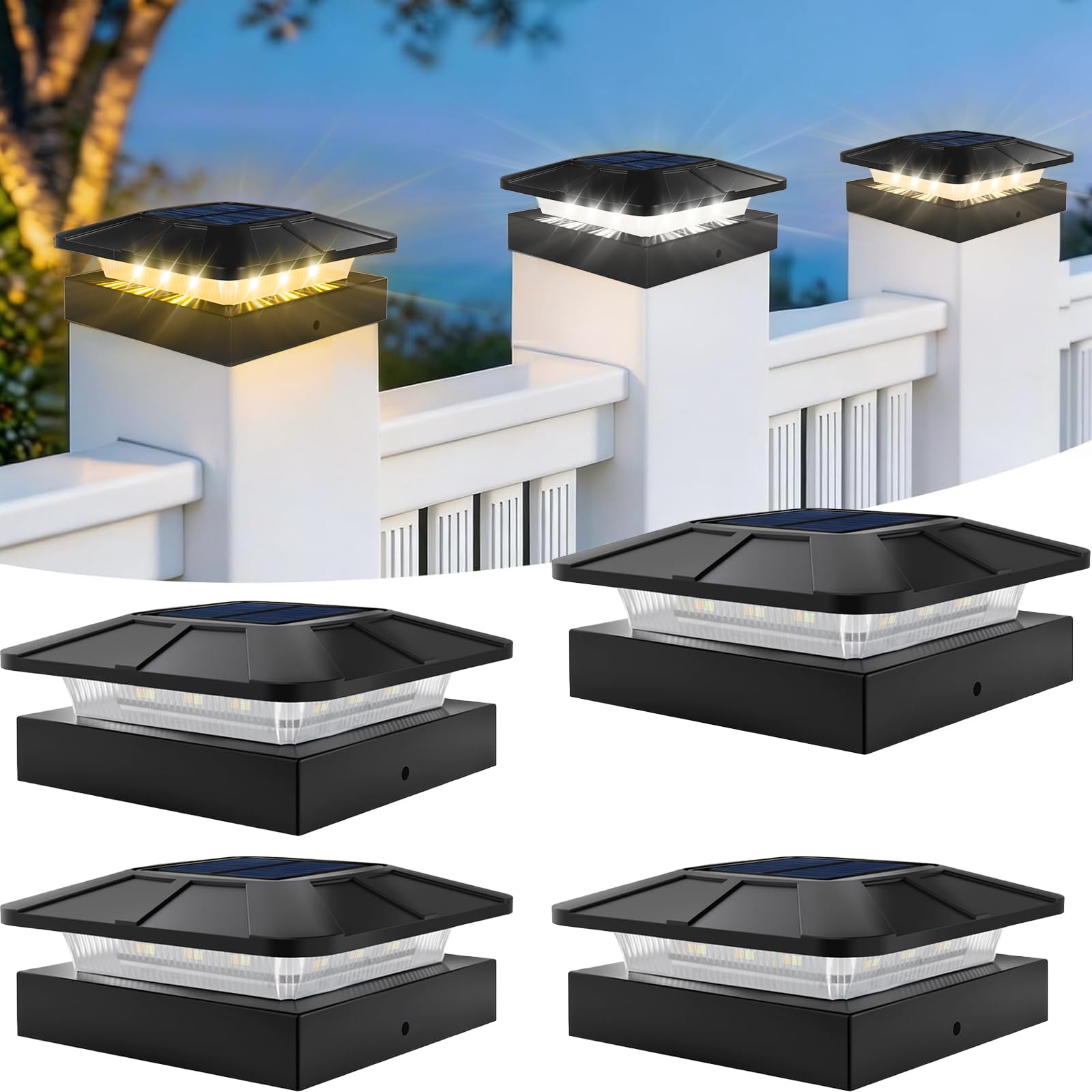 ROMANJOY 4x4 Post Solar Lights, 3 Colors Solar Fence Lights, 2 Brightness Solar Post Cap Lights Waterproof, Deck Lights for Wood/Vinyl Posts, Garden, Patio, Stripe Light, 4 Pack