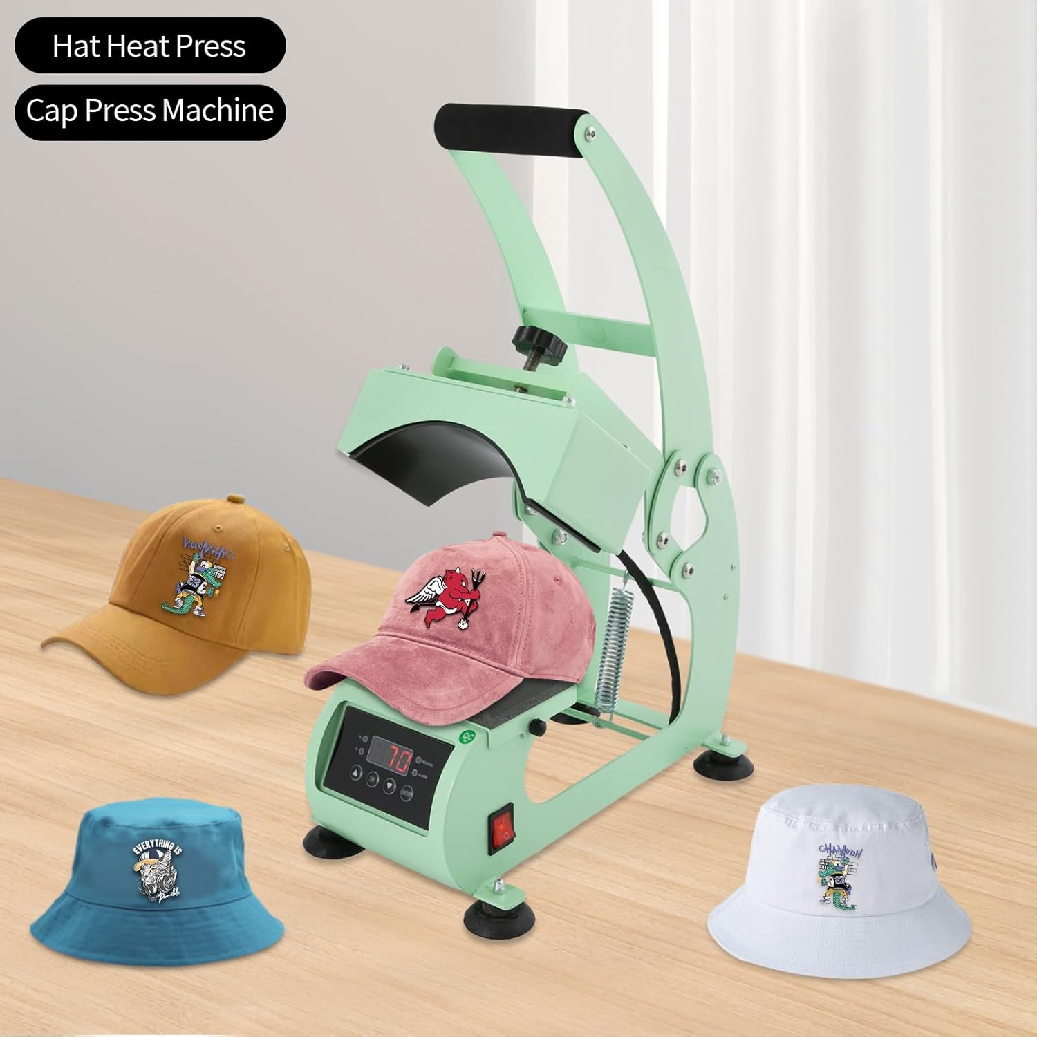 Hat Heat Press Machine - 2-in-1 Hat Heat Press Machine Curved Element Clamshell Design Transfer Printing Machine - Cap Sublimation Transfer Press with Timer and Temperature Control (Light Green)