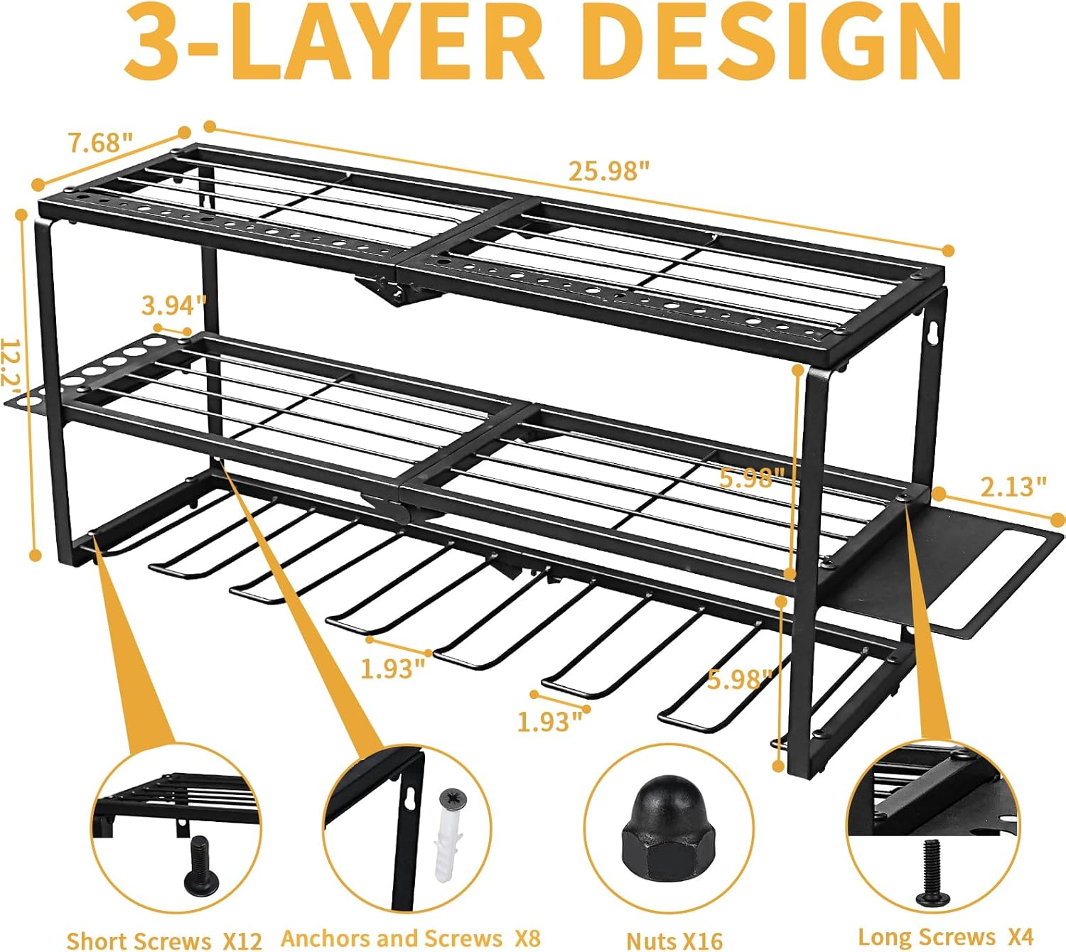 3 Layer Power Tool Organizer Wall Mount, Cordless Drill Hanger, Tool Rack, Battery Tools Holder, Drill Holder use for Garage, Workshop, Shed- 7 Slots